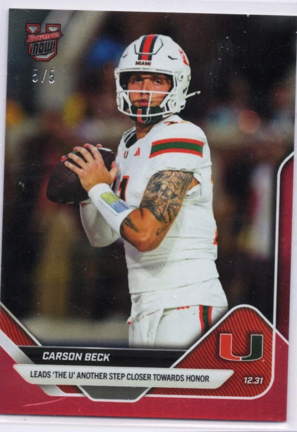 2025 Topps Bowman U Now Carson Beck #63 Red Foil /5 Miami Hurricanes Rookie Card