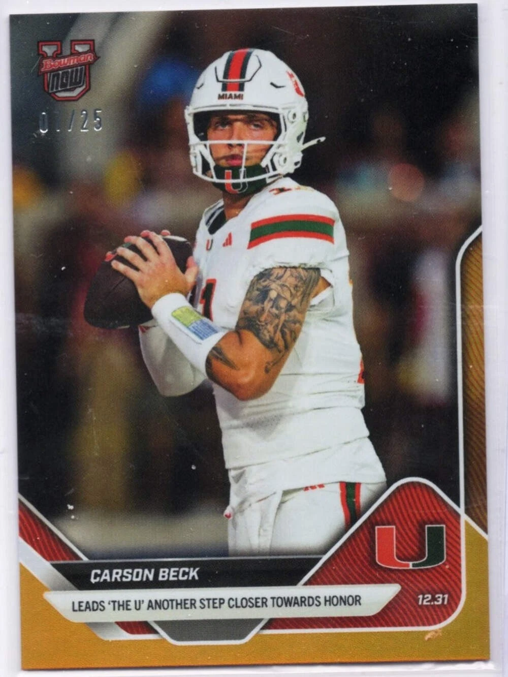 2025 Topps Bowman U Now Carson Beck #63 Orange Foil /25 Miami Rookie RC Card