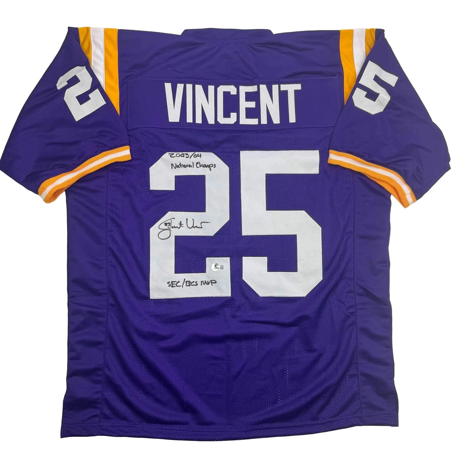 Autographed/Signed Justin Vincent LSU Purple College Jersey Beckett BAS COA