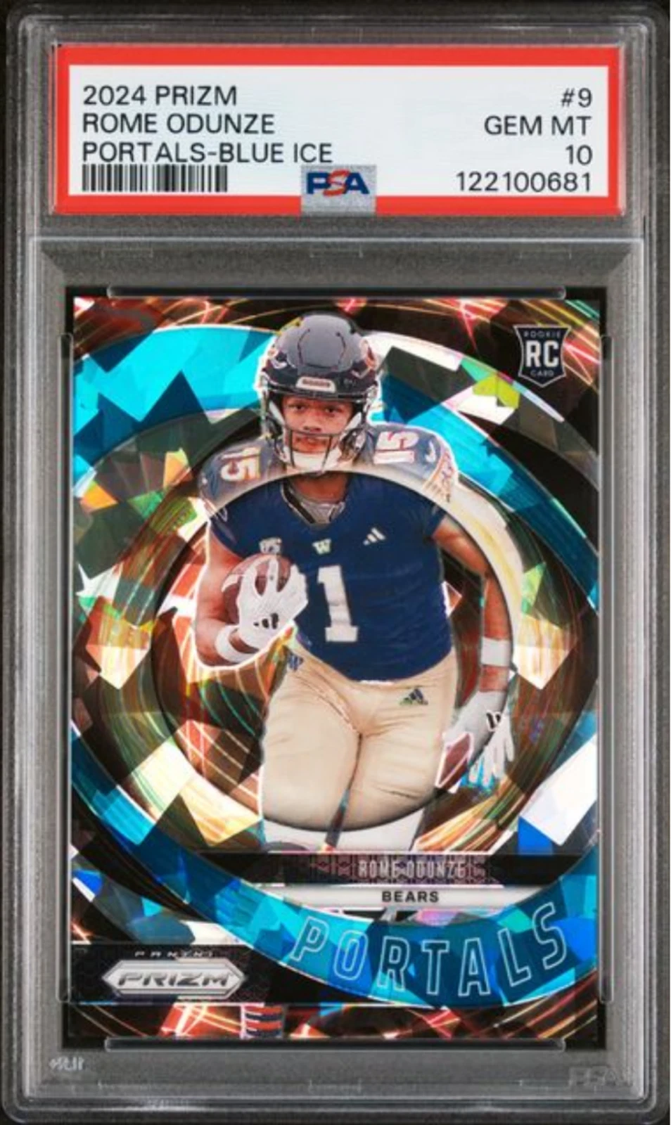 Graded 2024 Panini Prizm Rome Odunze #9 Portals Blue Ice /99 Rookie Card PSA 10