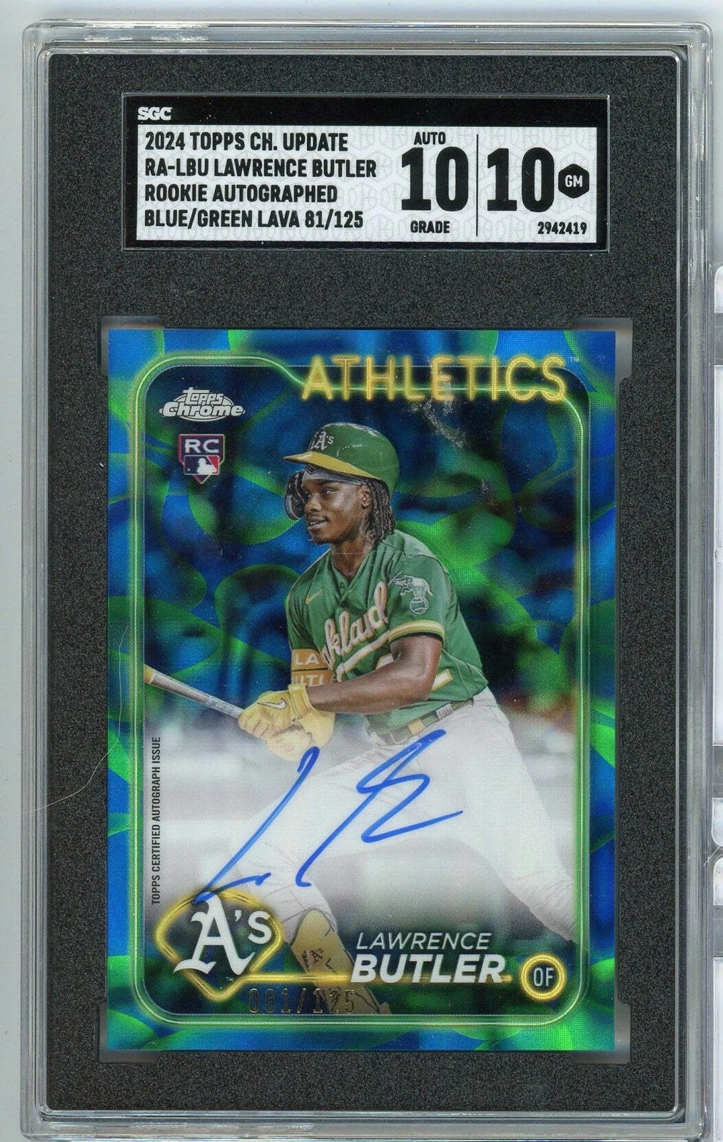 Graded 2024 Topps Chrome Lawrence Butler Blue Green Lava Rookie Card SGC 10 Auto