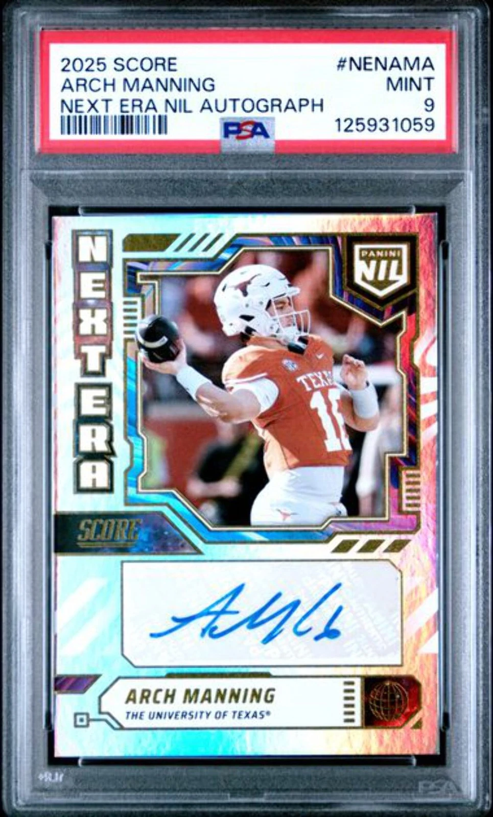 Graded 2025 Panini Score Arch Manning #NEN-AMA Next Era Auto Rookie Card PSA 9