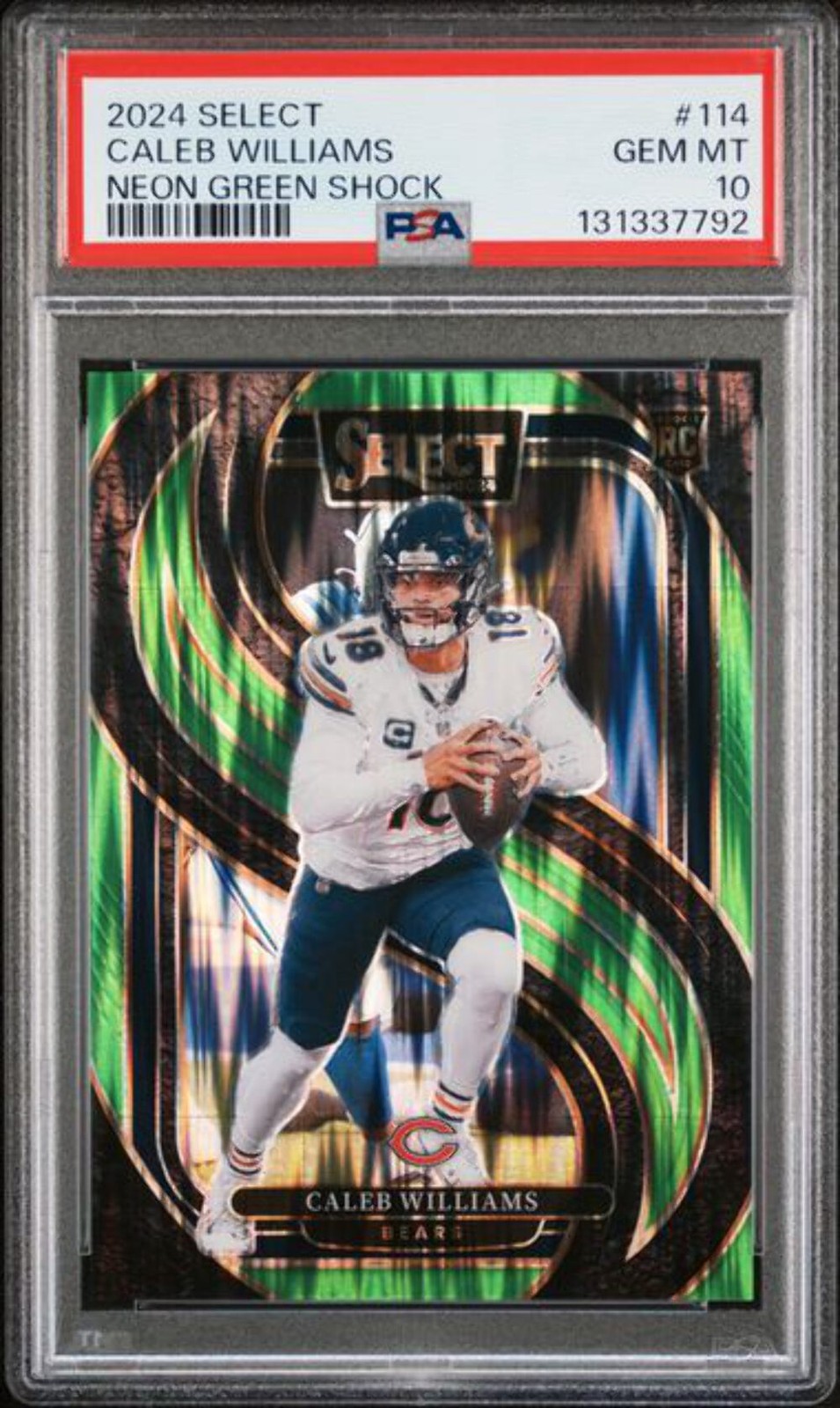 Graded 2024 Panini Select Caleb Williams 114 Neon Green Shock Rookie Card PSA 10