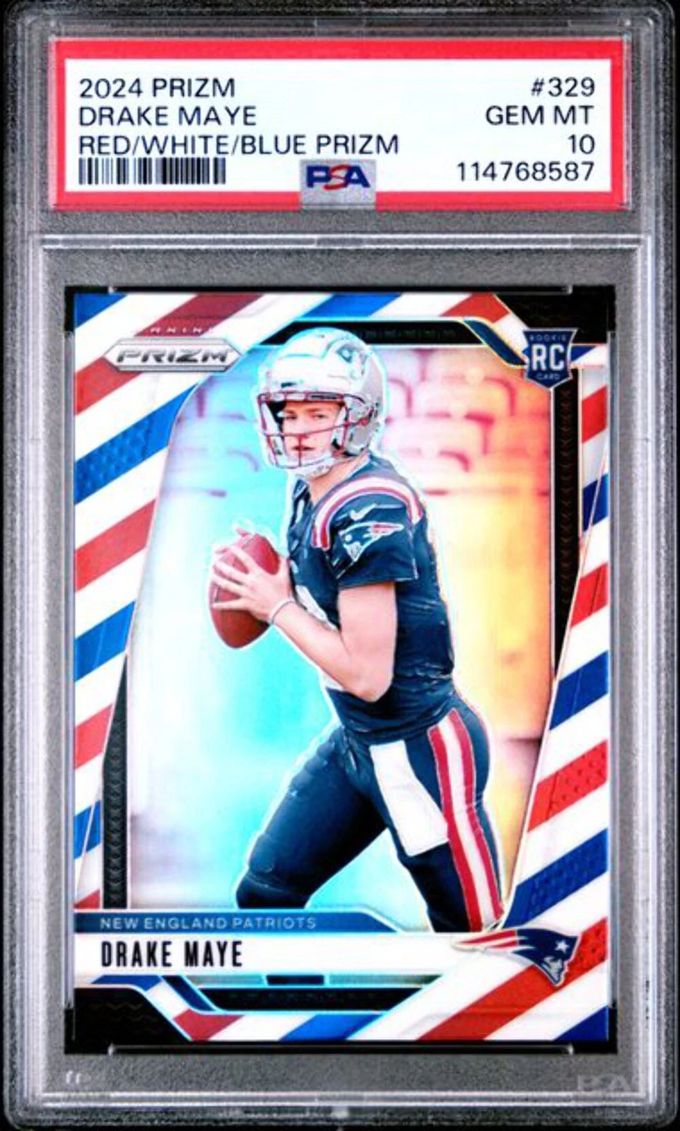 Graded 2024 Panini Prizm Drake Maye #329 Red White Blue Prizm Rookie Card PSA 10