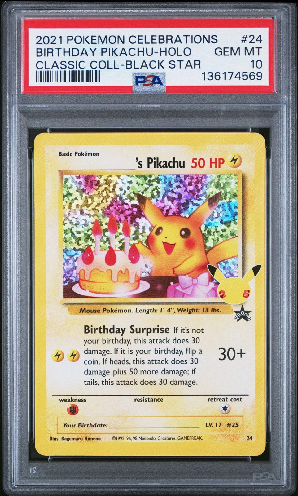 Graded 2021 Pokemon Celebrations Birthday Pikachu #24 HOLO Classic Card PSA 10