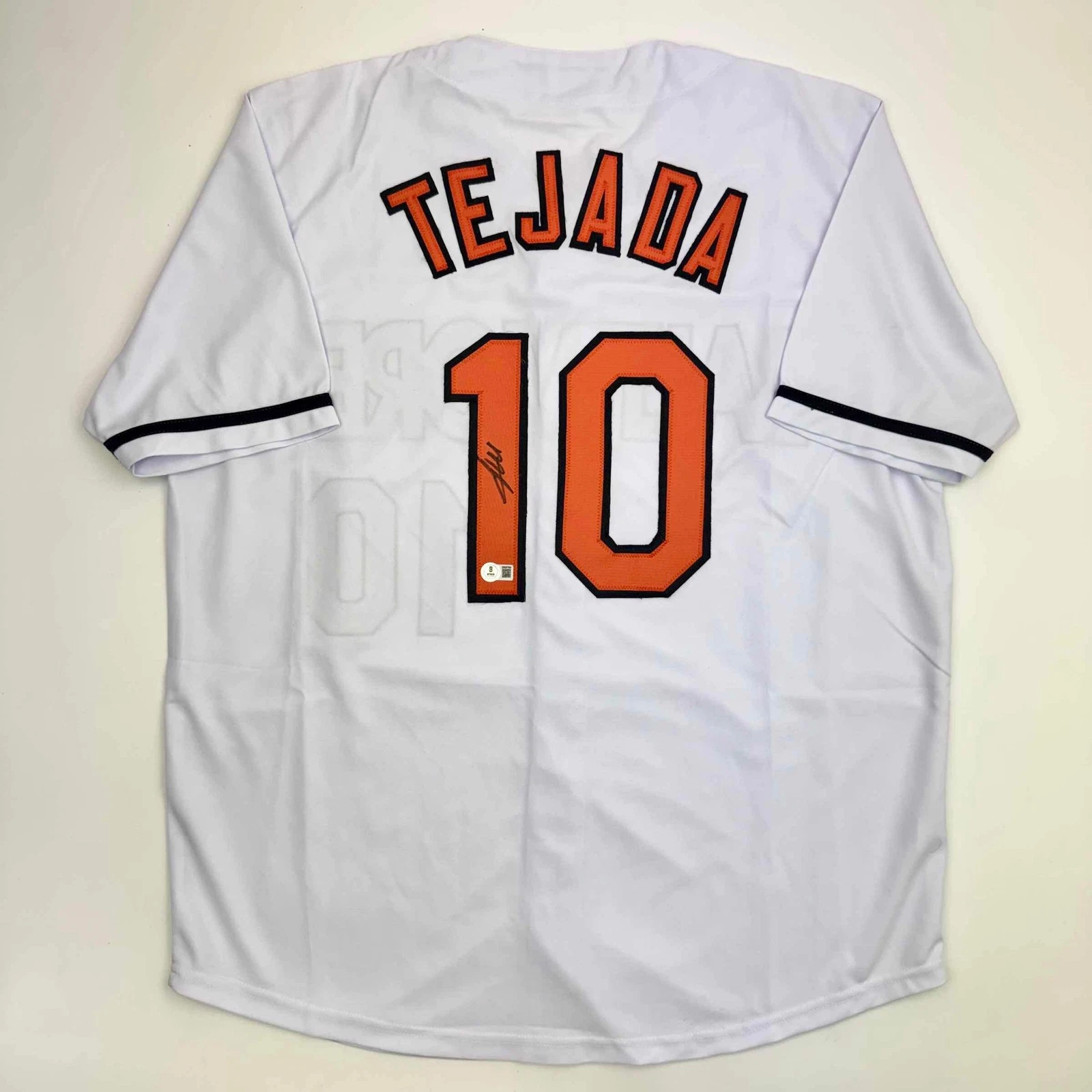 Autographed/Signed Miguel Tejada Baltimore White Baseball Jersey Beckett BAS COA