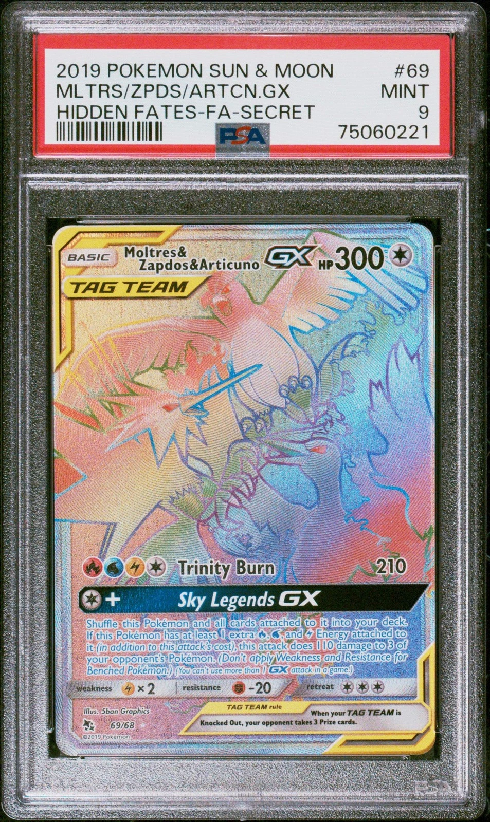 Graded 2019 Pokemon Sun & Moon Moltres/Zapdos/Articuno GX #69 Card PSA 9 Mint
