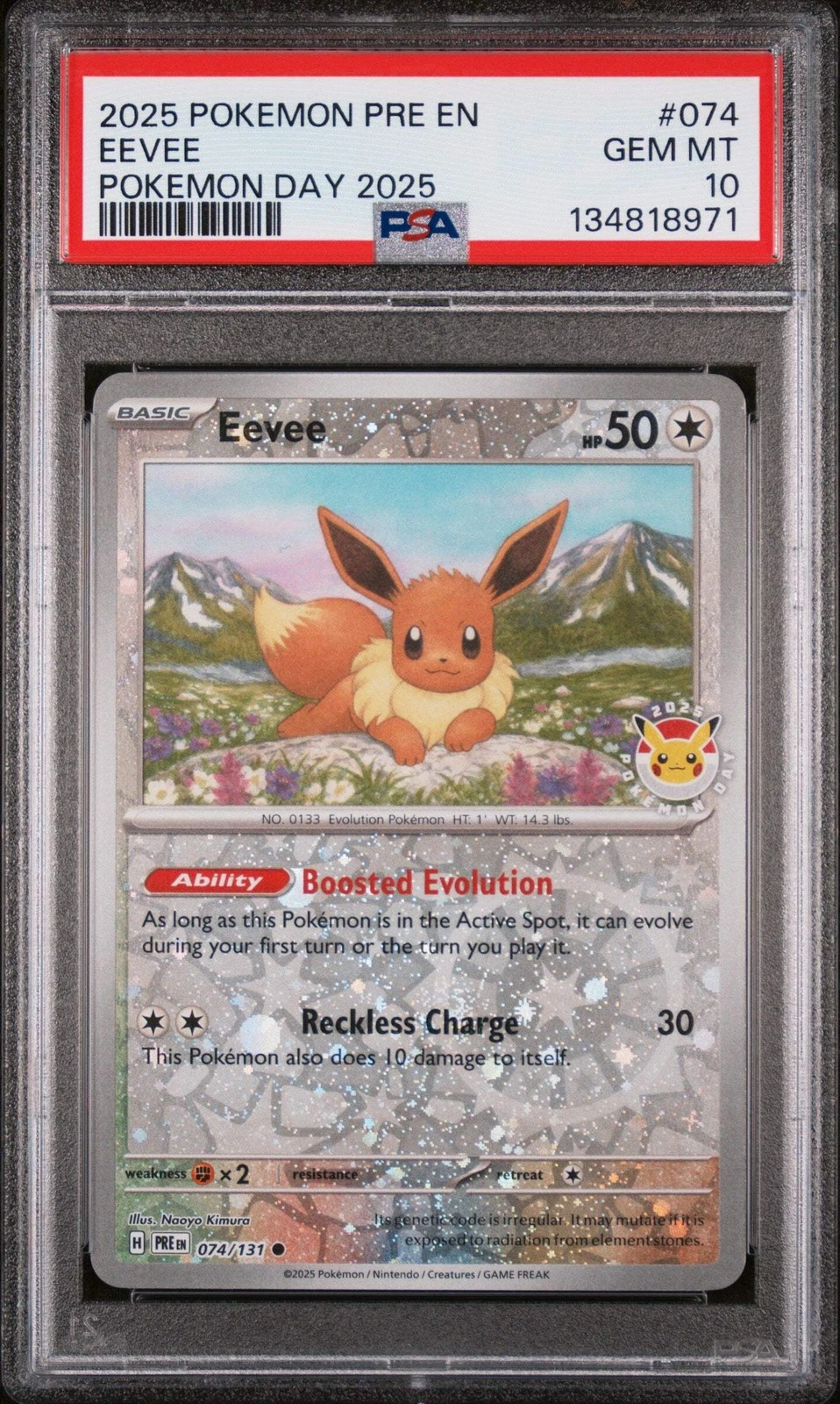 Graded 2025 Pokemon PRE EN Eevee #074 Pokemon Day Card PSA 10 Gem Mint