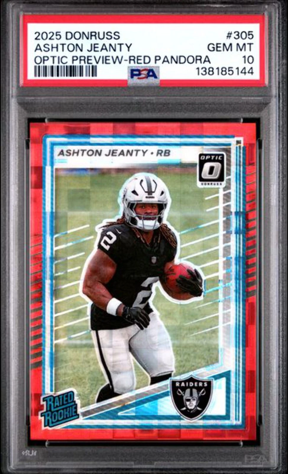 Graded 2025 Donruss Ashton Jeanty #305 Optic Prev Red Pandora Rookie Card PSA 10