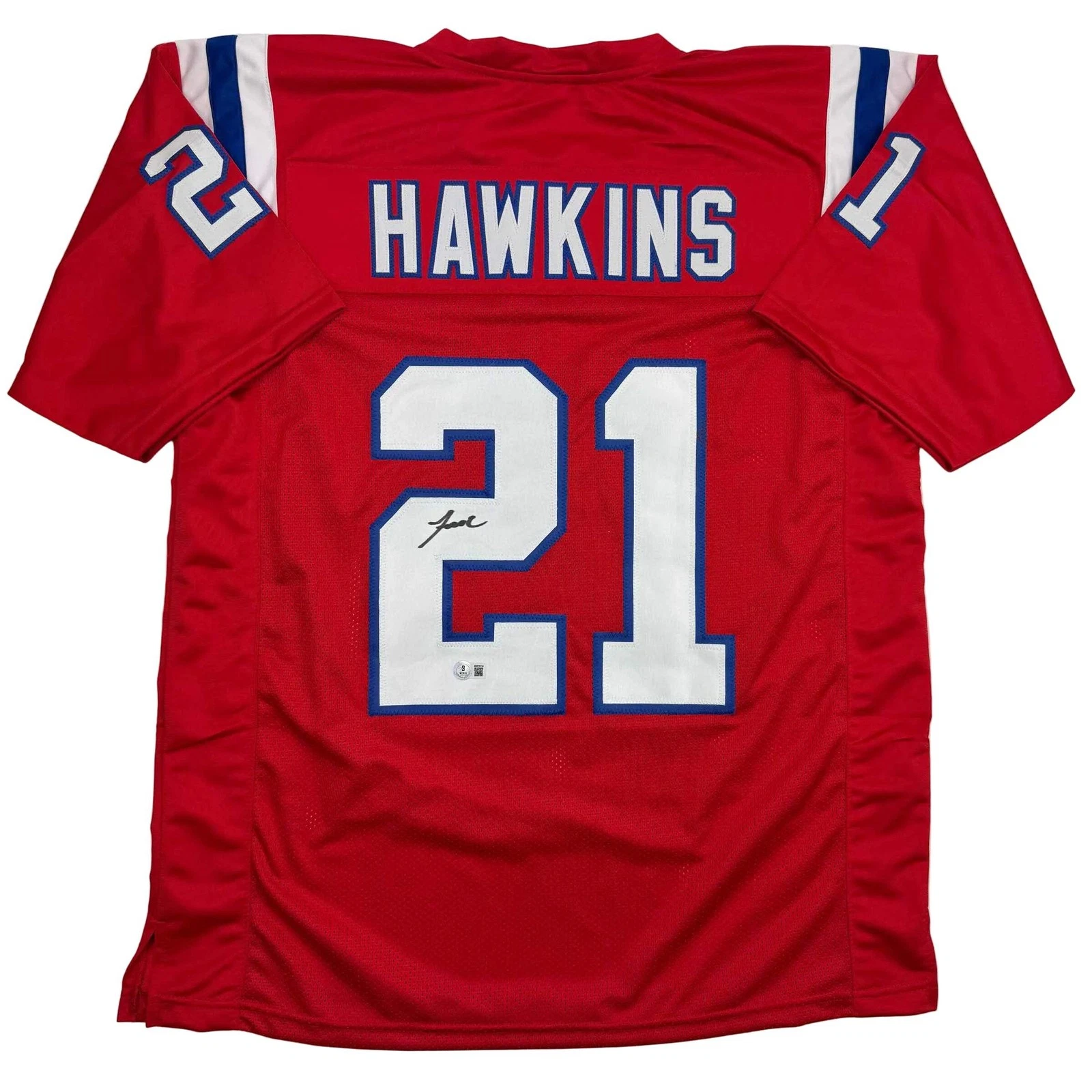 Autographed/Signed Jaylinn Hawkins New England Red Jersey Beckett BAS COA