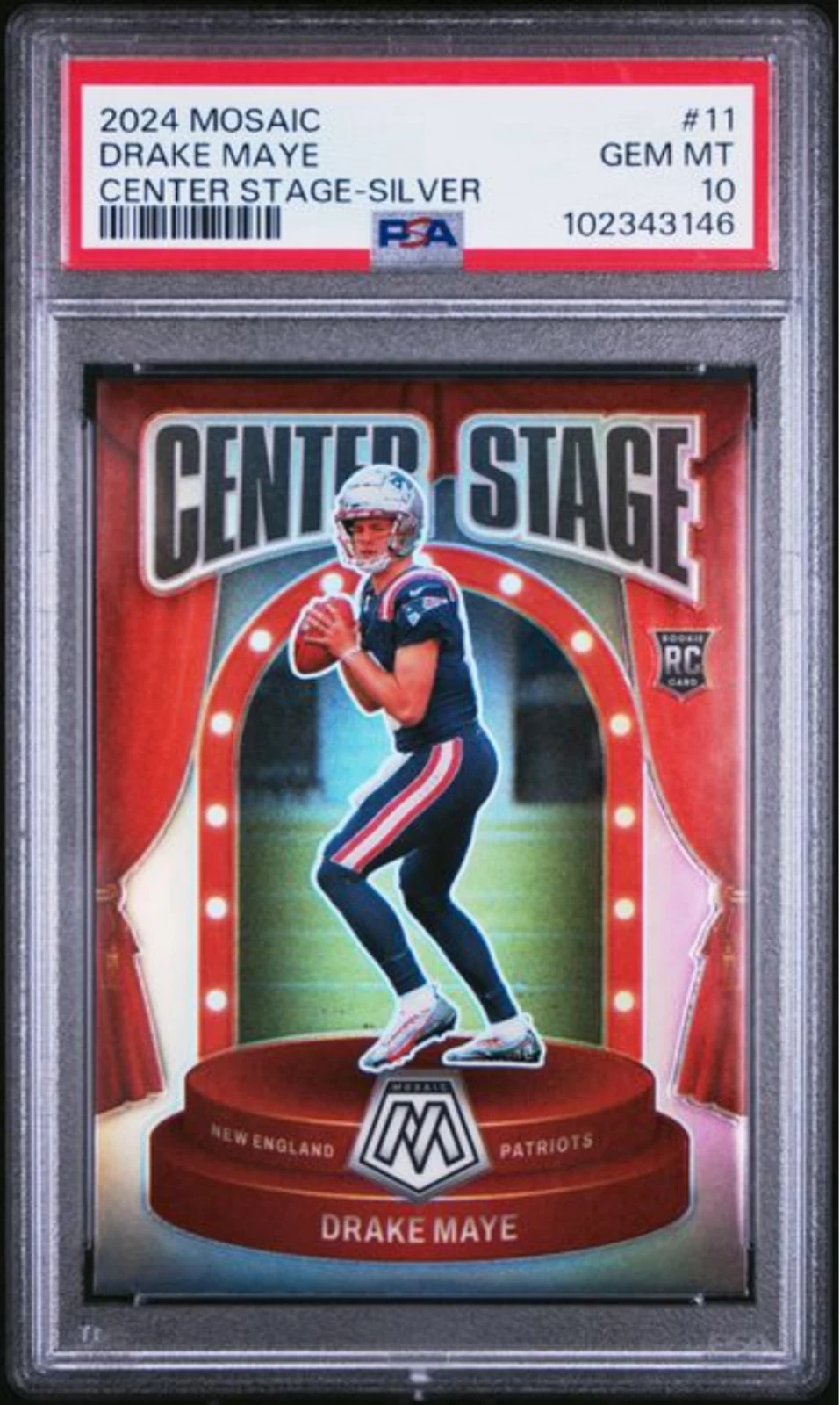 Graded 2024 Panini Mosaic Drake Maye #11 Center Stage Silver Rookie Card PSA 10