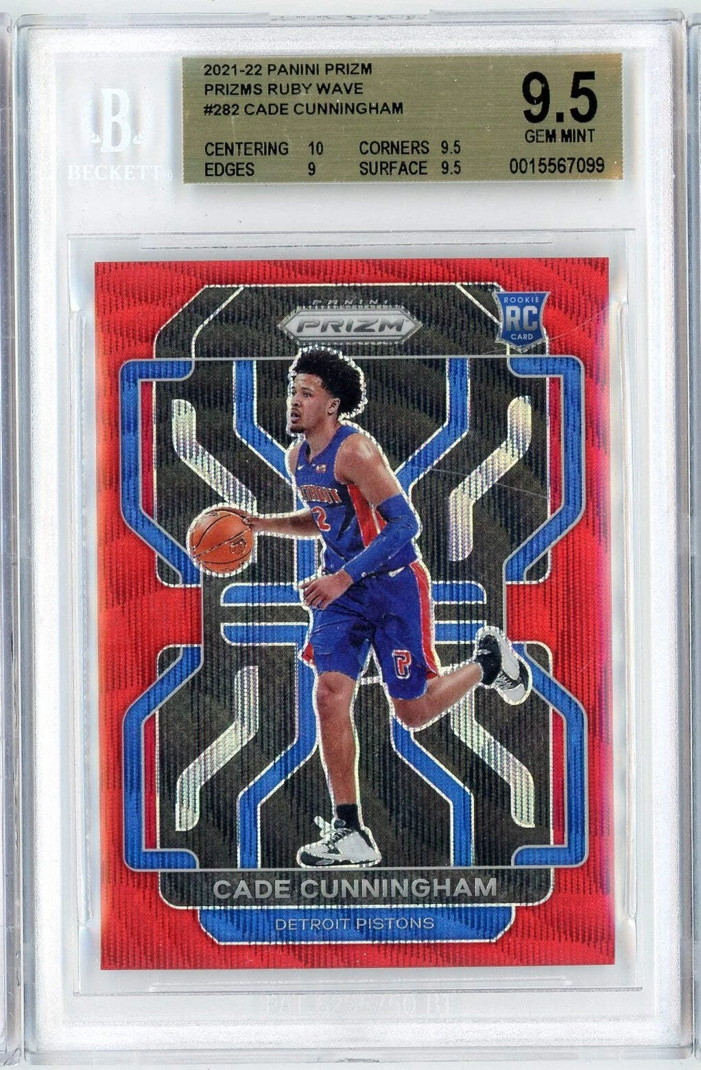 Graded 2021 Panini Prizm Cade Cunningham #282 Ruby Wave Rookie RC Card BGS 9.5