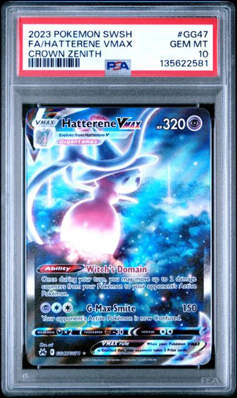 Graded 2023 Pokemon Sword & Shield Crown Zenith #GG47 Hatterene VMax Card PSA 10