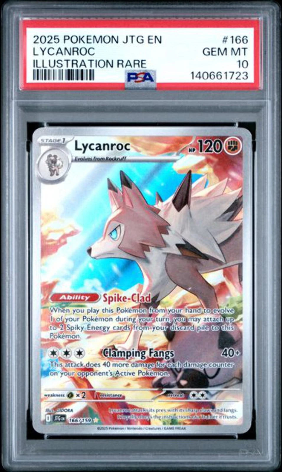 Graded 2025 Pokemon JTG EN Lycanroc #166 Illustration Rare Trading Card PSA 10