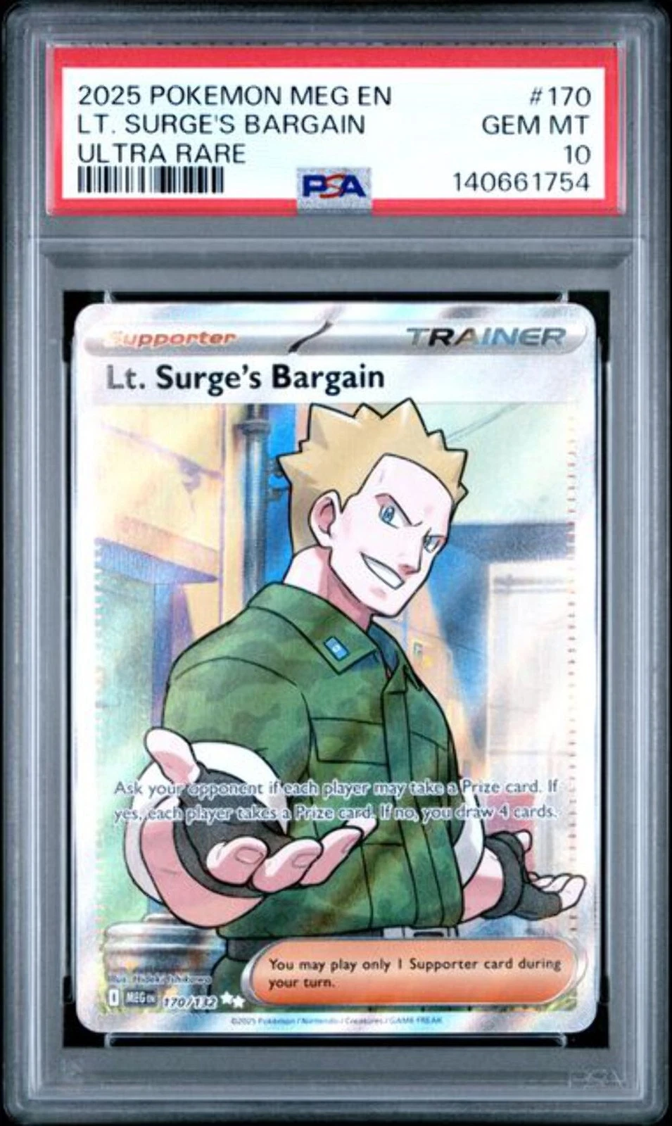Graded 2025 Pokemon MEG EN Lt. Surge's Bargain #170 Ultra Rare Card PSA 10 Mint