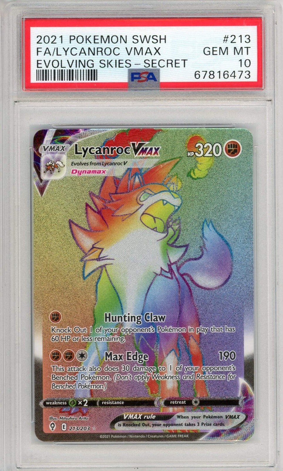 Graded 2021 Pokemon SWSH Lycanroc #213 Vmax Evolving Skies Secret Card PSA 10