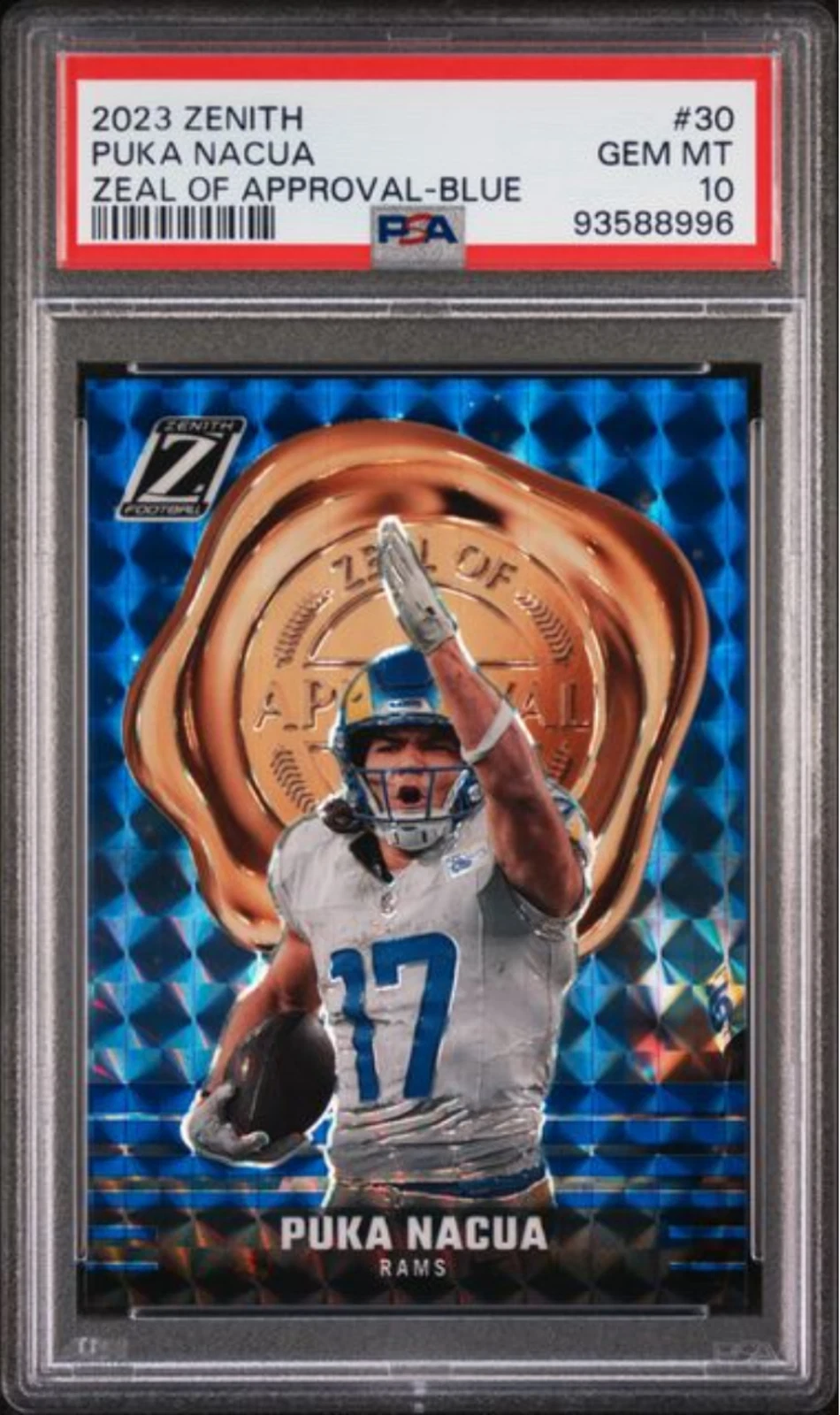 Graded 2023 Panini Zenith Puka Nacua #30 Zeal Approval Blue Rookie Card PSA 10