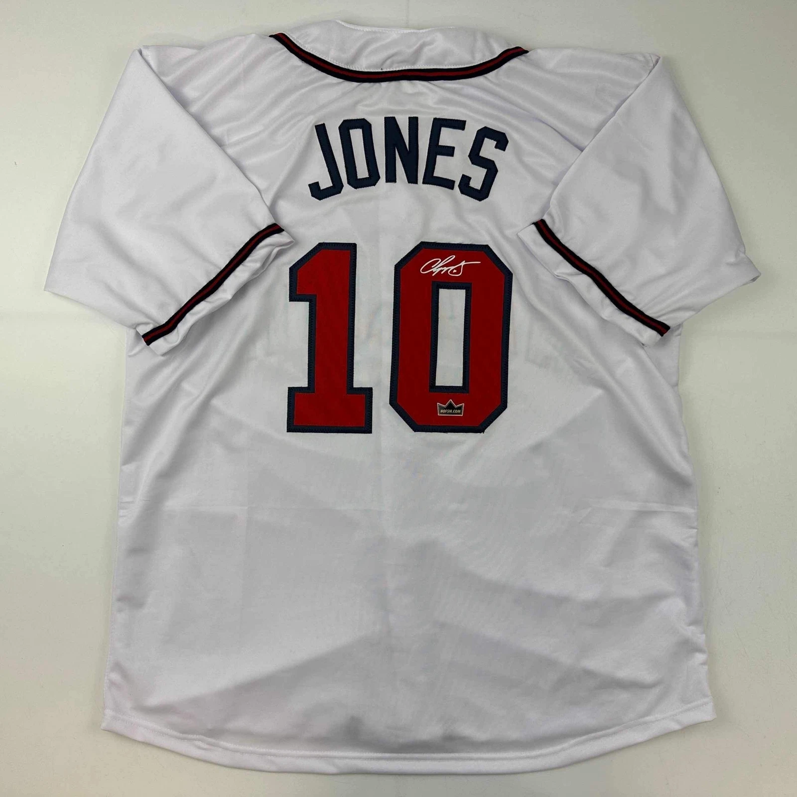Facsimile Autographed Chipper Jones Atlanta White Reprint Jersey Size Men's XL