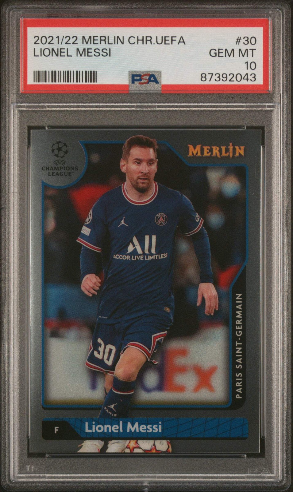 Graded 2021 Topps Merlin Chrome UCL Lionel Messi #30 UEFA Soccer Card PSA 10 Gem