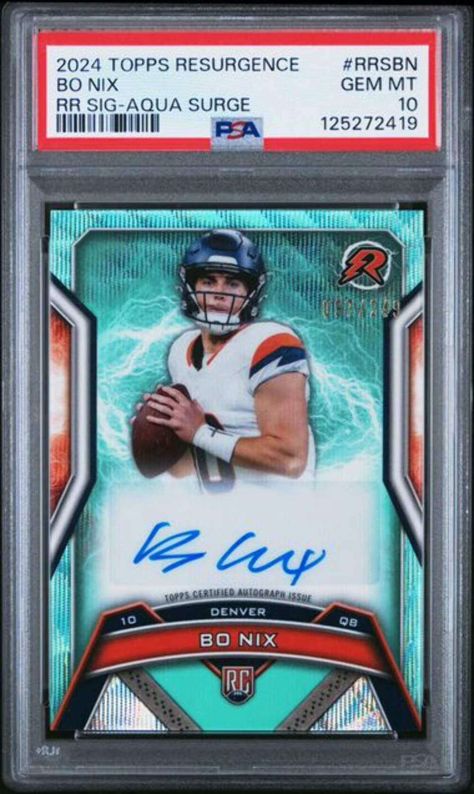 Graded 2024 Topps Resurgence Bo Nix #RRSNB /249 Aqua Rookie Auto Card PSA 10