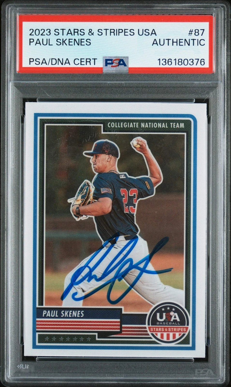 Graded 2023 Panini Stars & Stripes USA Paul Skenes #87 Rookie Card PSA AUTH Auto