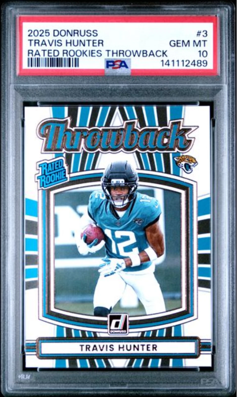 Graded 2025 Donruss Travis Hunter #3 Rated Rookie Throwback Football Card PSA 10