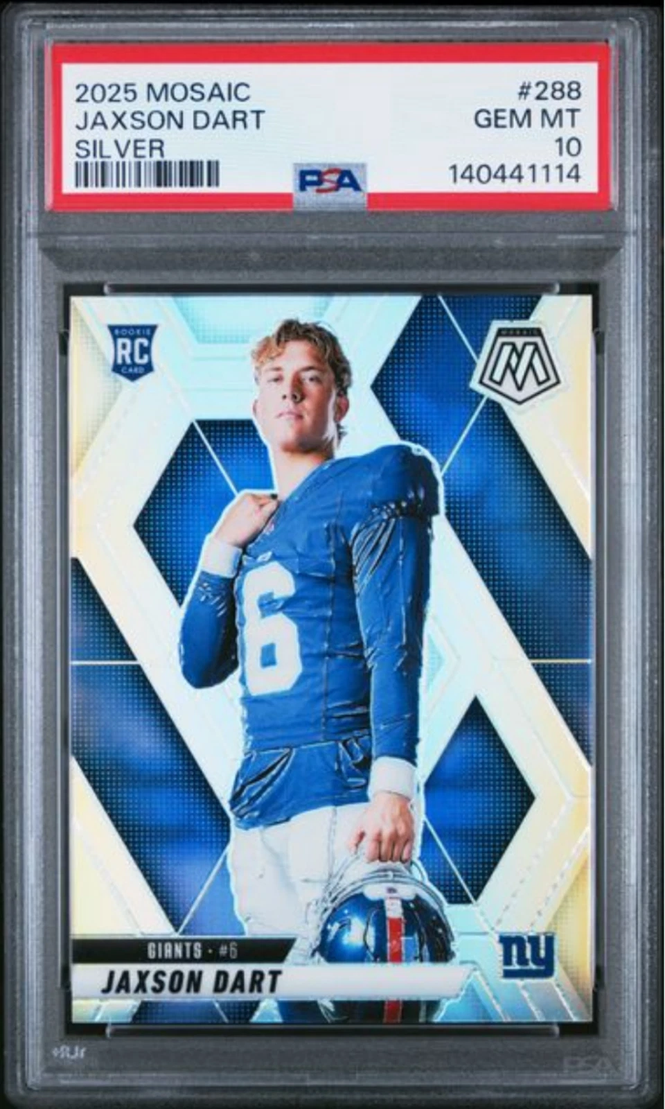 Graded 2025 Panini Mosaic Jaxson Dart #288 Silver RC Football Card PSA 10