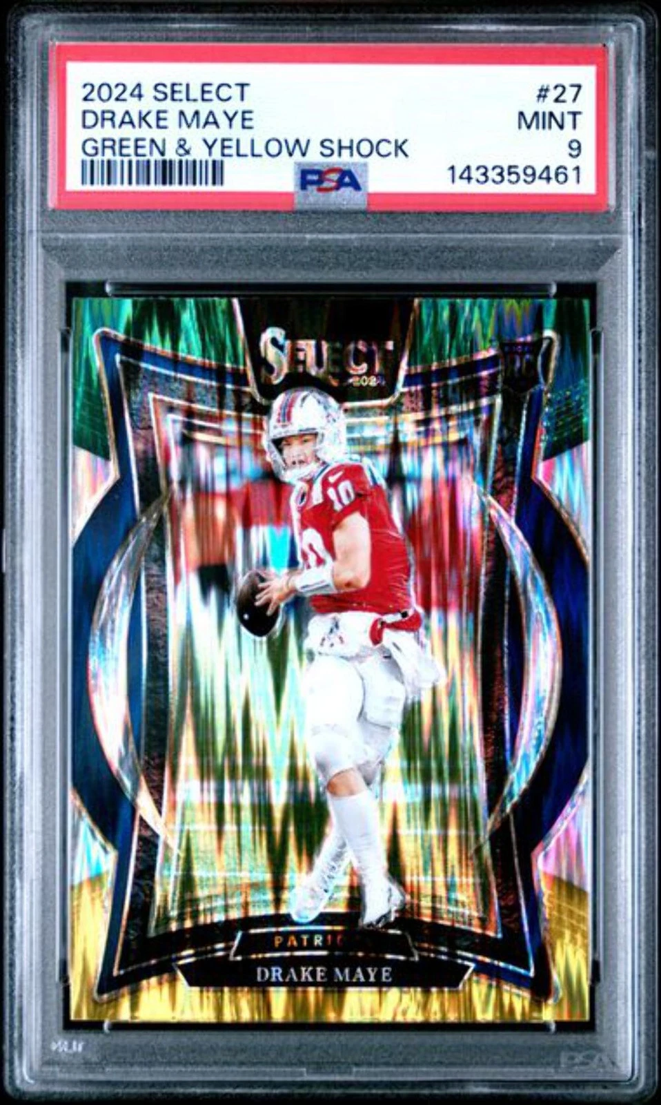 Graded 2024 Panini Select Drake Maye #27 Green Yellow Shock Rookie RC Card PSA 9