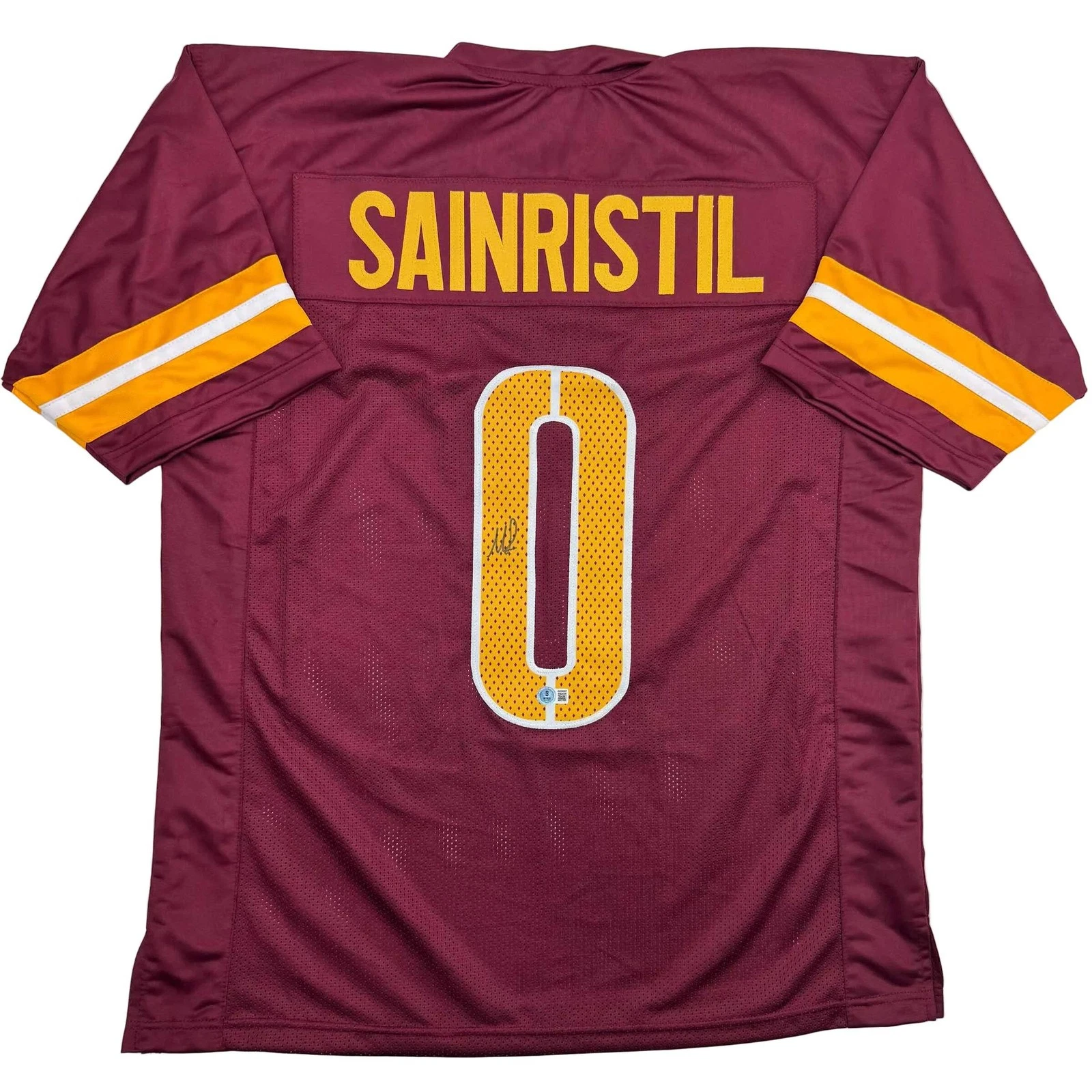 Autographed/Signed Mike Sainristil Washington Burgundy Jersey Beckett BAS COA