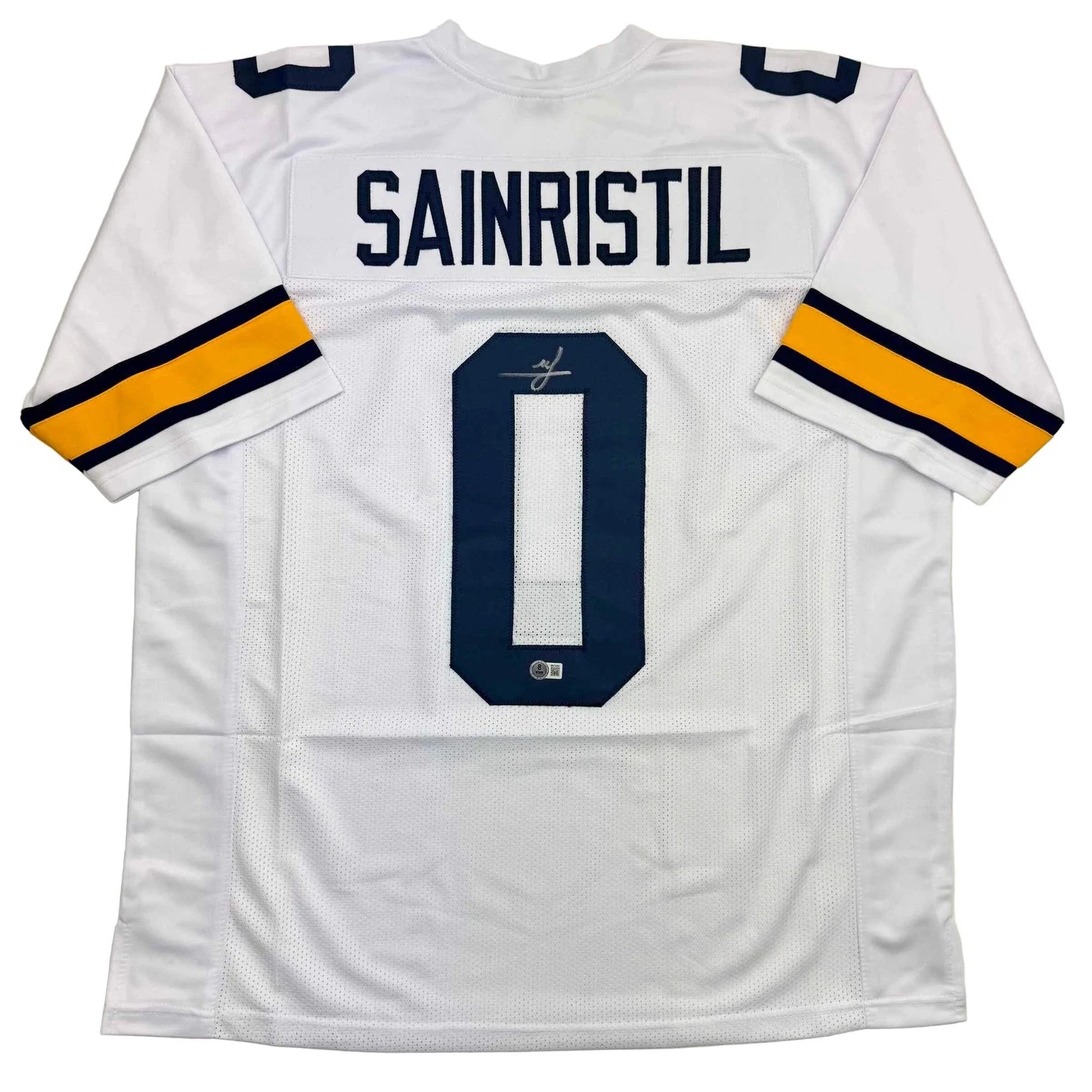 Autographed/Signed Mike Sainristil Michigan White College Jersey Beckett BAS COA