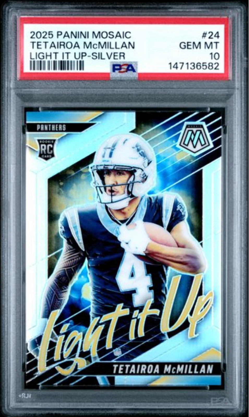 Graded 2025 Mosaic Tetairoa McMillan #24 Light It Up Silver Football Card PSA 10