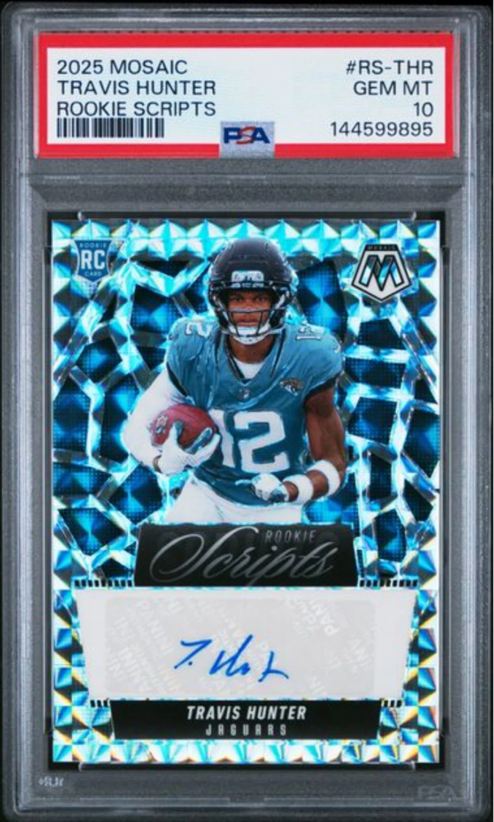 Graded 2025 Mosaic Travis Hunter #RS-THR Rookie Scripts RC Football Card PSA 10