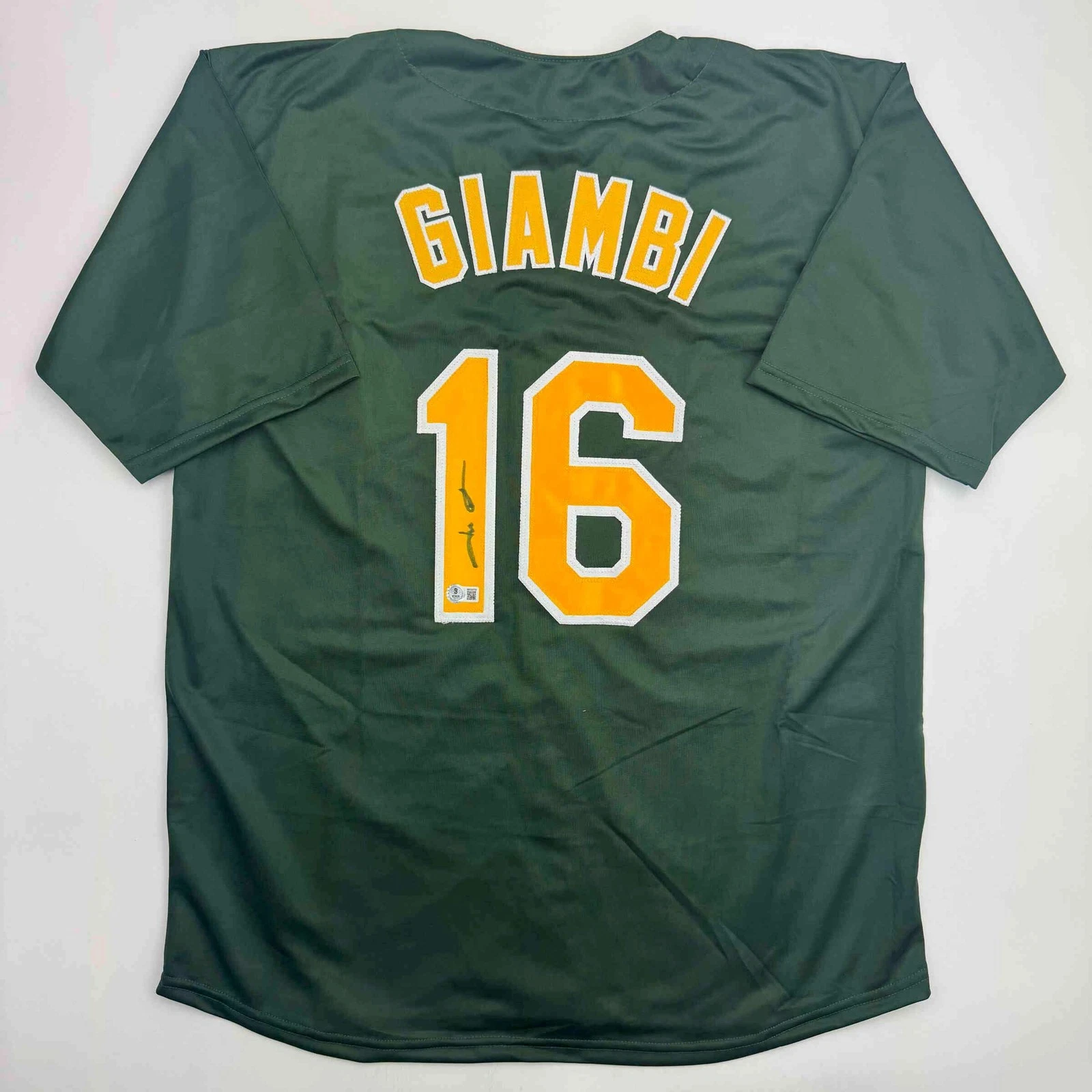 Autographed/Signed Jason Giambi Oakland Green Baseball Jersey Beckett BAS COA