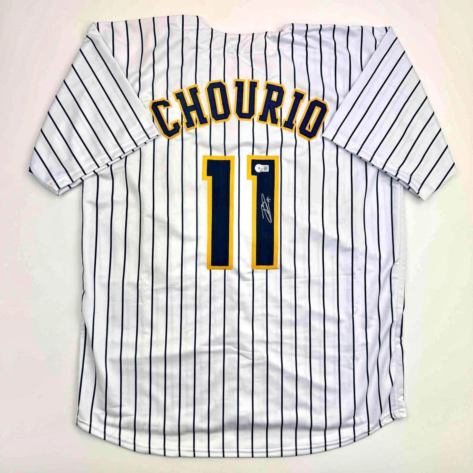 Autographed/Signed Jackson Chourio Milwaukee Pinstripe Jersey Beckett BAS COA