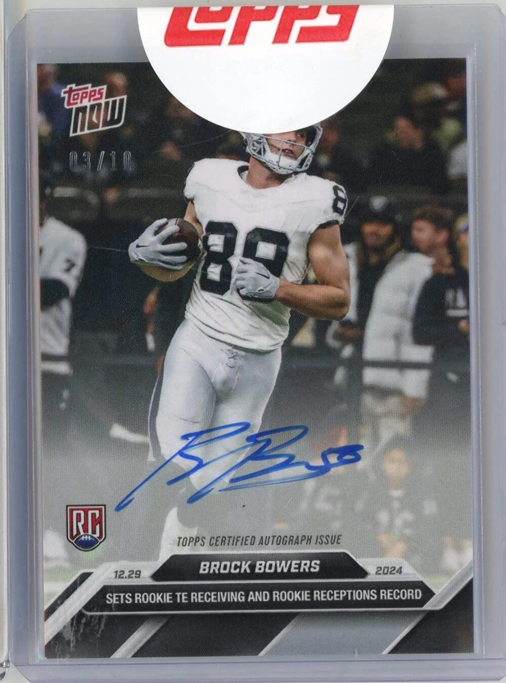 2024 Topps Now Brock Bowers #17A Auto /10 Las Vegas Raiders Rookie Football Card