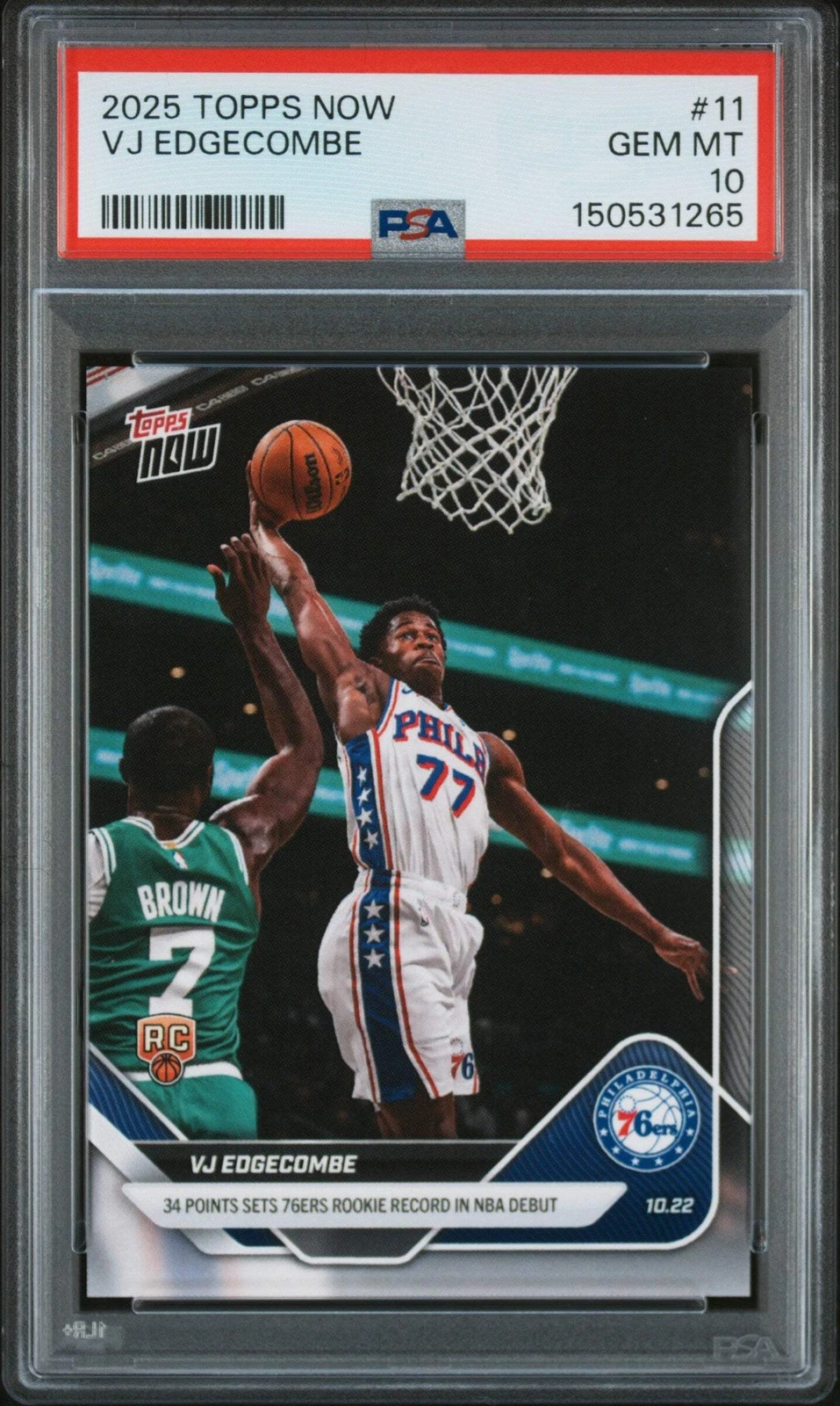 Graded 2025 Topps Now VJ Edgecombe #11 Rookie RC Basketball Card PSA 10 Gem Mint