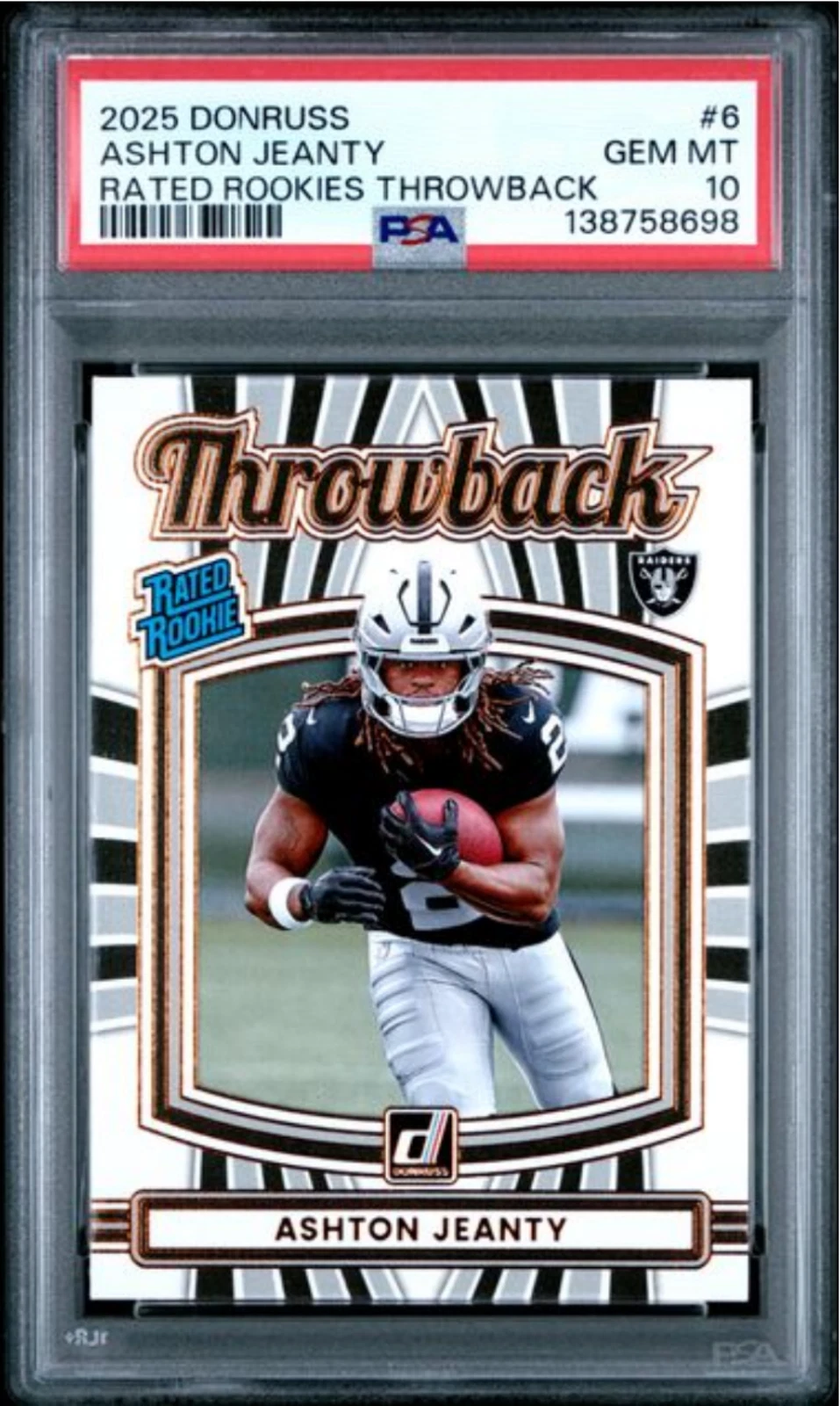 Graded 2025 Donruss Ashton Jeanty #6 Rated Rookie Throwback Football Card PSA 10