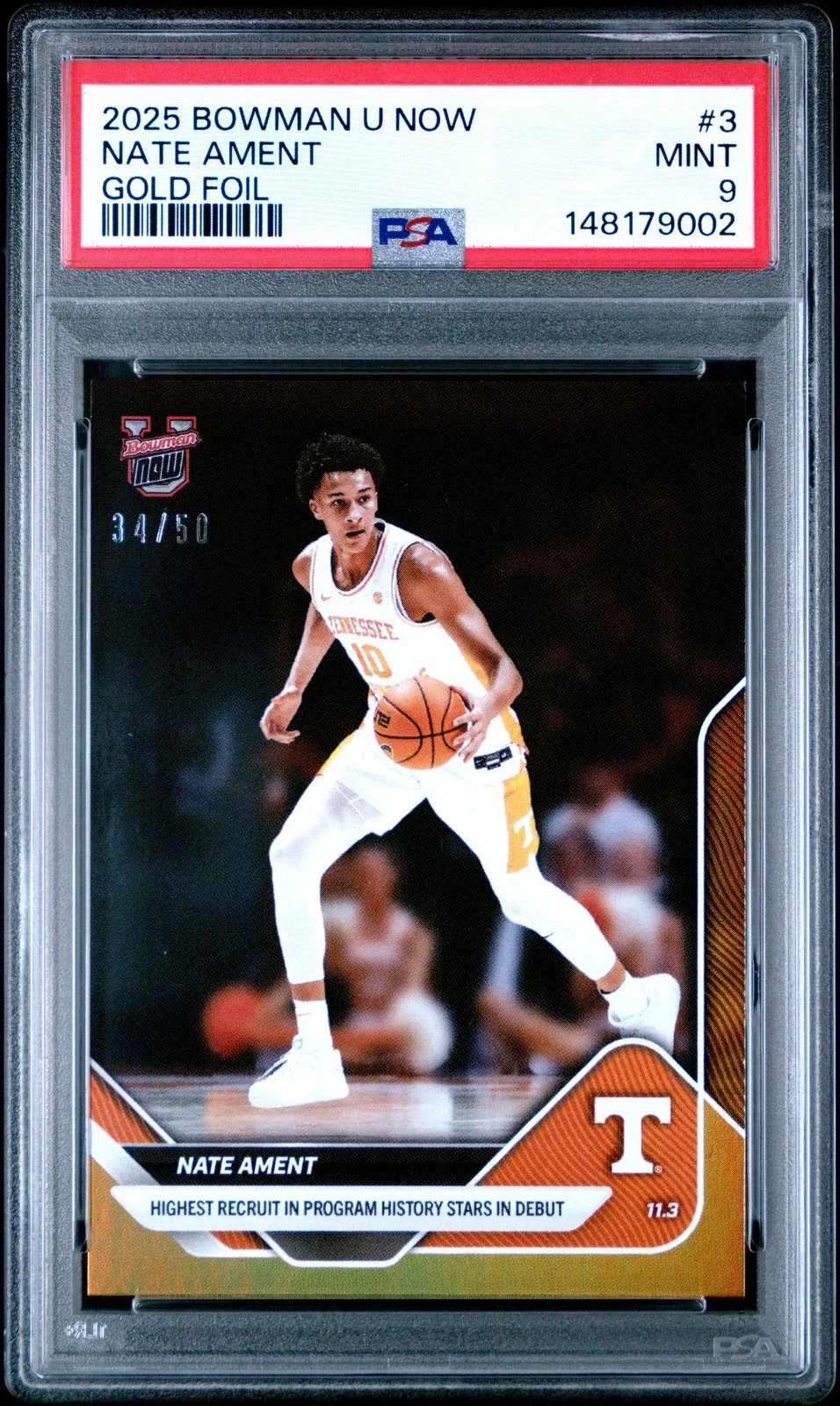Graded 2025 Topps Bowman U Now Nate Ament #3 Gold Foil /50 RC Card PSA 9