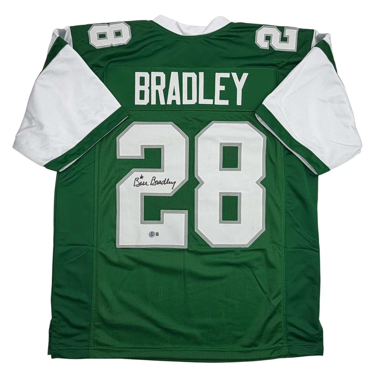 Autographed/Signed Bill Bradley Philadelphia Kelly Green Jersey Beckett BAS COA