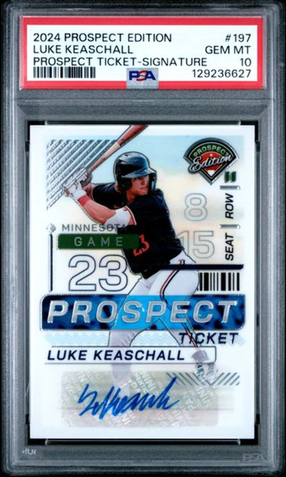 Graded 2024 Prospect Edition Luke Keaschall #197 Ticket Auto Rookie Card PSA 10