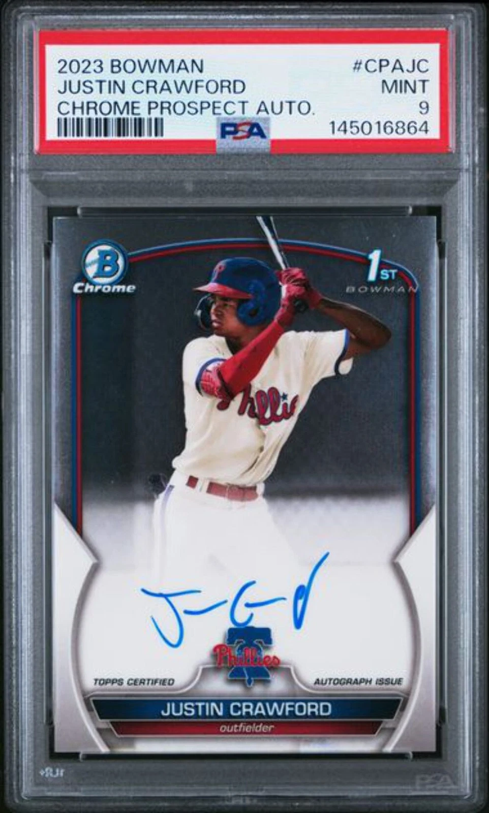 Graded 2023 Bowman Chrome Justin Crawford #CPAJC Prospect Auto Rookie Card PSA 9