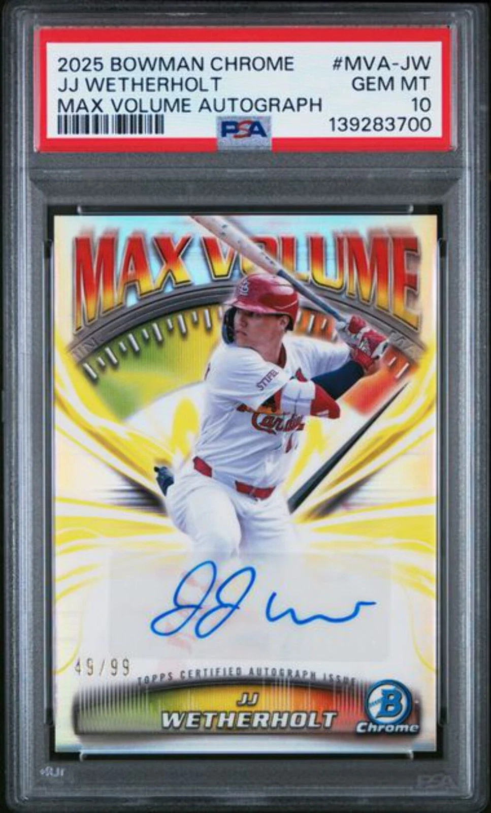 Graded 2025 Bowman Chrome JJ Wetherholt #MVAJW /99 Max Auto Rookie Card PSA 10