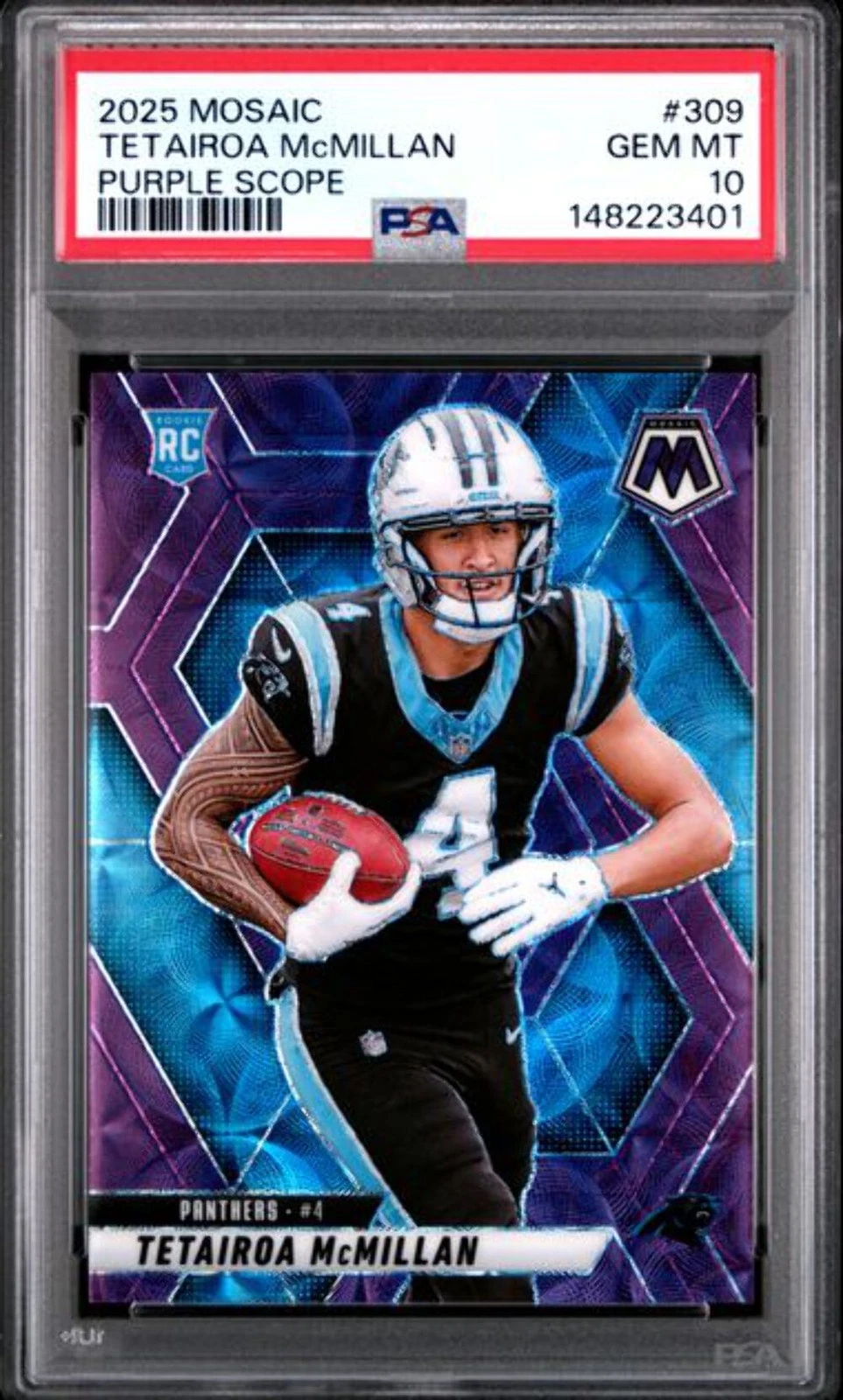 Graded 2025 Panini Mosaic Tetairoa McMillan #309 Purple Scope Rookie Card PSA 10