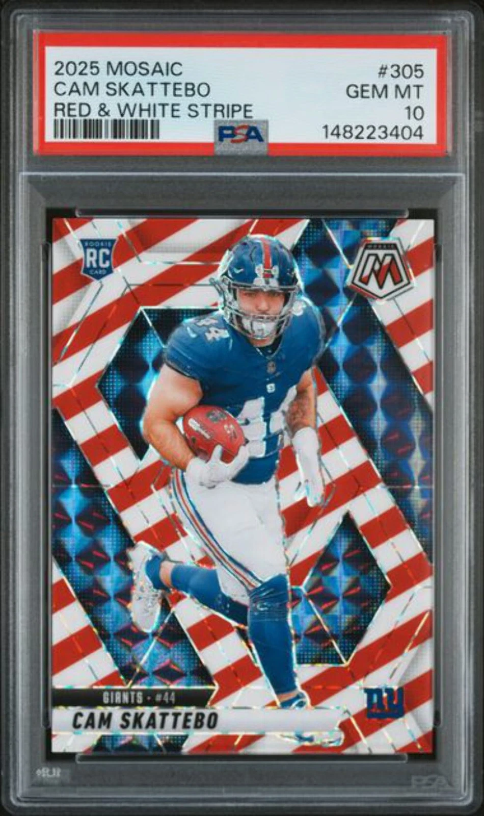 Graded 2025 Panini Mosaic Cam Skattebo #305 Red White Stripe Rookie Card PSA 10