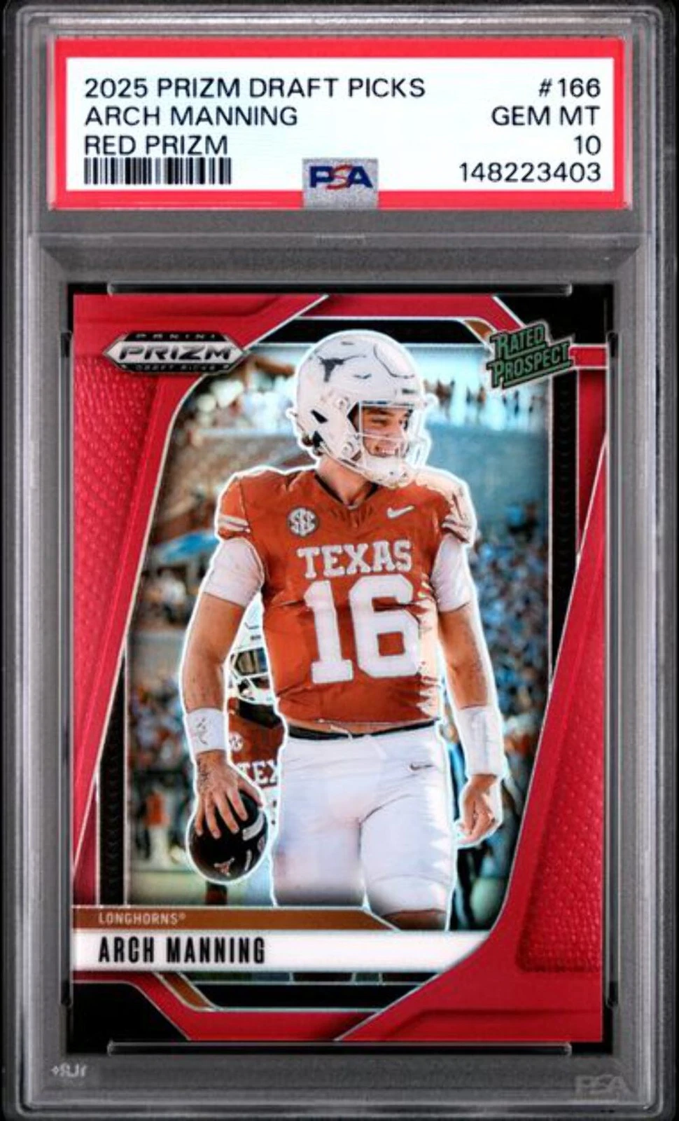 Graded 2025 Panini Prizm DP Arch Manning #166 /399 Red Rated Rookie Card PSA 10