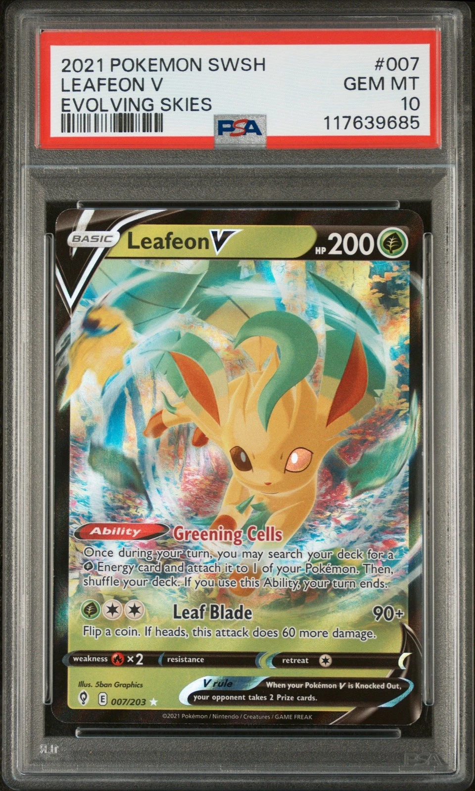 Graded 2021 Pokemon Evolving Skies Leafeon V #007 Card PSA 10 Gem Mint