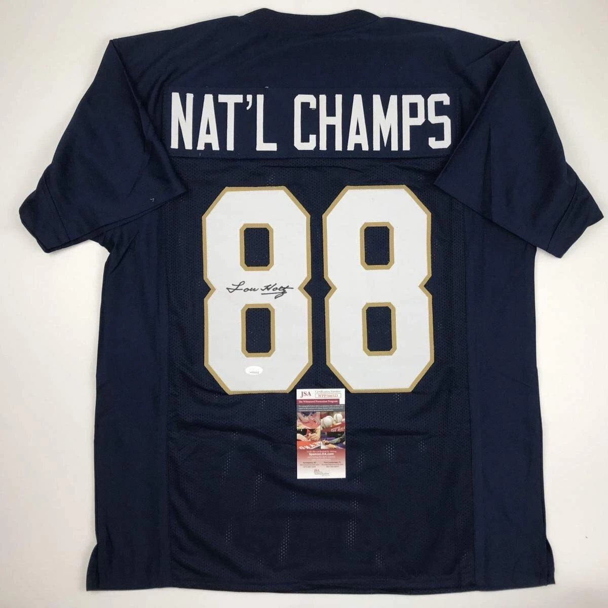 Autographed/Signed Lou Holtz 1988 National Champs Notre Dame Blue College Footba