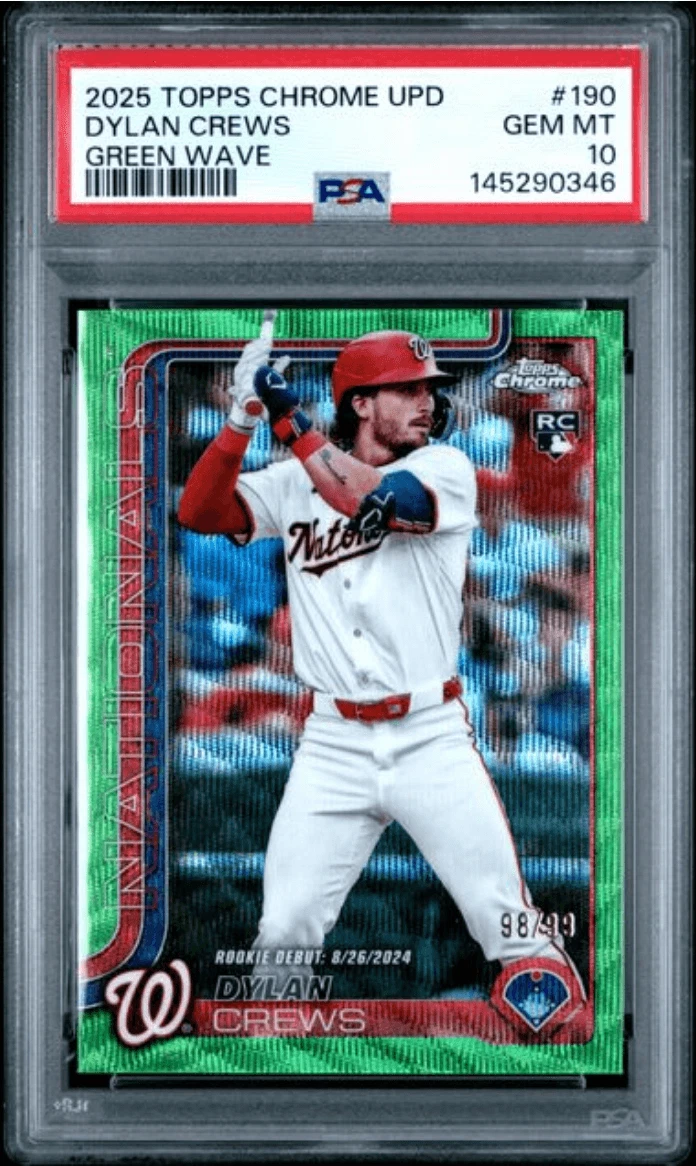 Graded 2025 Topps Chrome Update Dylan Crews #190 Green Wave /99 RC Card PSA 10