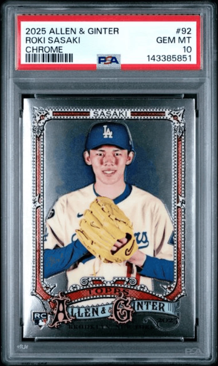 Graded 2025 Topps Allen & Ginter Roki Sasaki #92 Chrome RC Baseball Card PSA 10