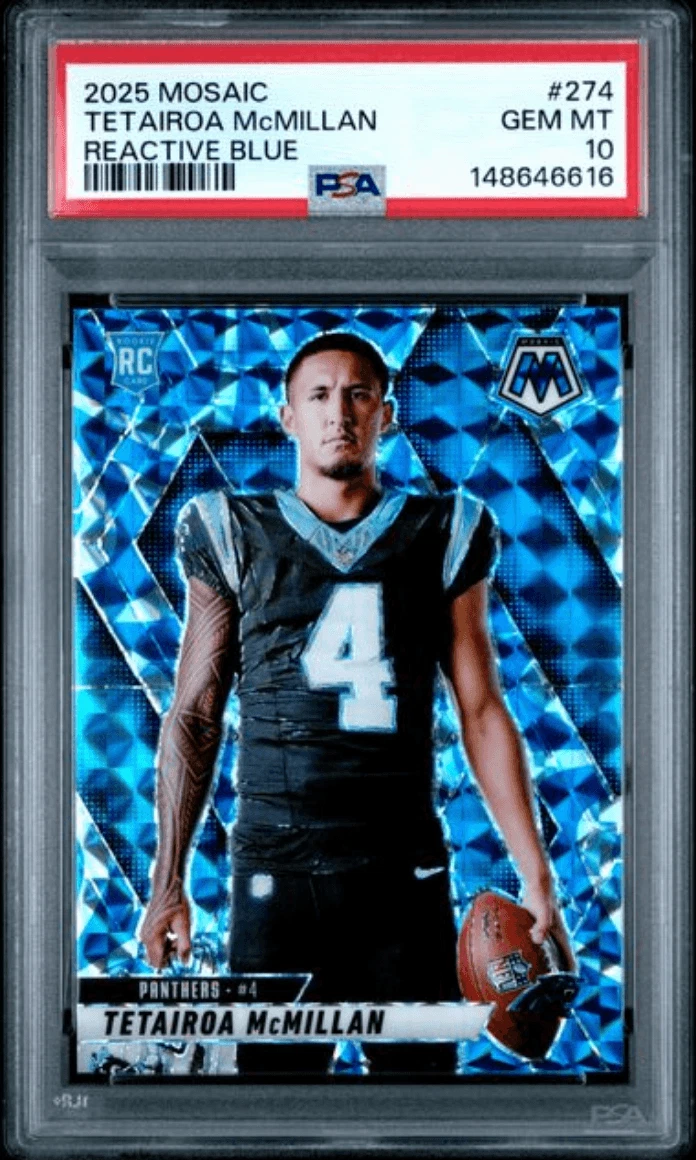 Graded 2025 Mosaic Tetairoa McMillan #274 Reactive Blue RC Football Card PSA 10